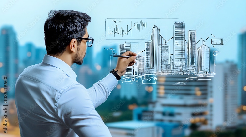 A hand-drawn sketch of holographic data analytics in a corporate setting A hand-drawn sketch of holographic data analytics in a corporate setting