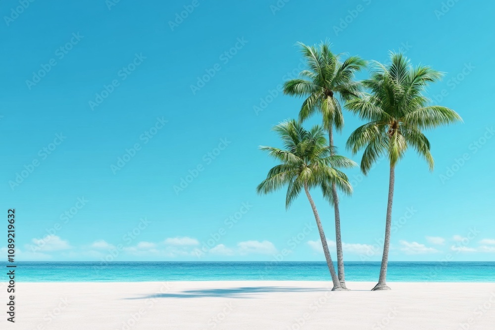 A serene beach scene featuring three palm trees against a clear blue sky and tranquil ocean waters. A serene beach scene featuring three palm trees against a clear blue sky and tranquil ocean waters.