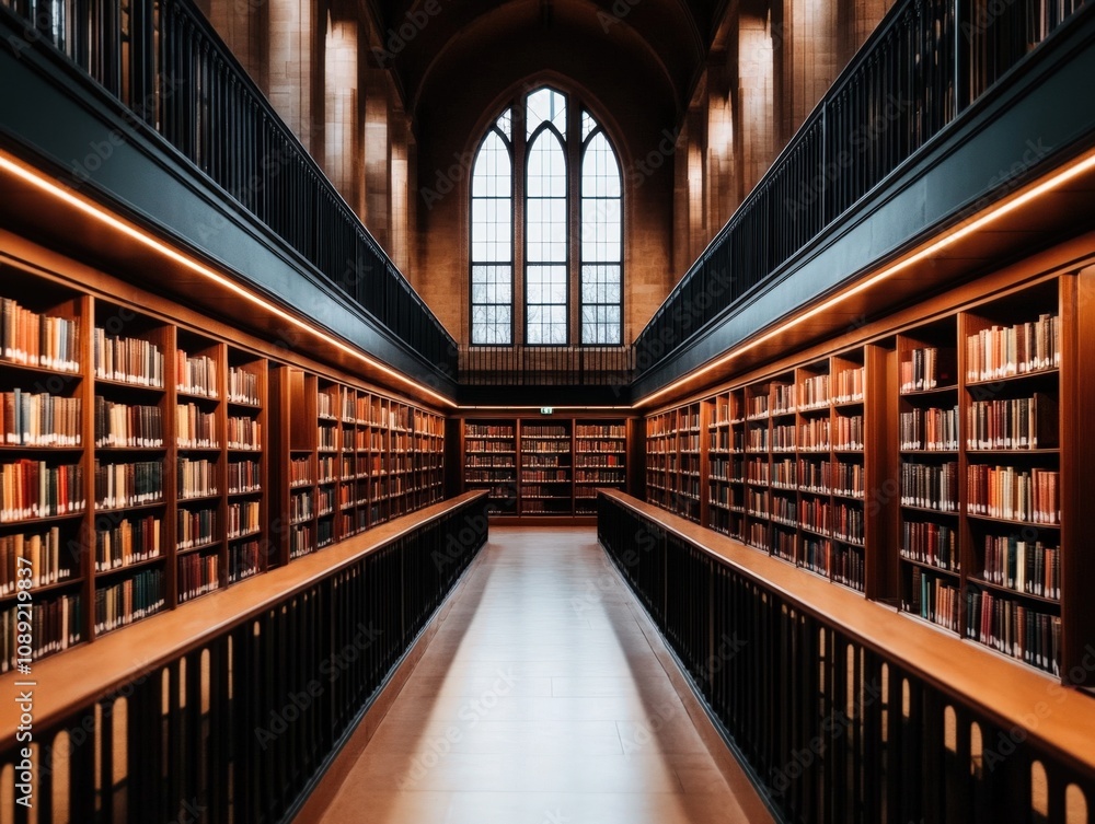 Fototapeta premium a serene library interior with tall bookshelves and natural light