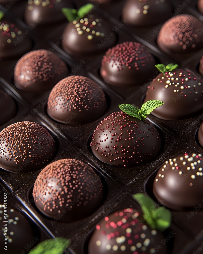 A close-up view of assorted chocolate truffles with colorful toppings and mint leaves. A close-up view of assorted chocolate truffles with colorful toppings and mint leaves.