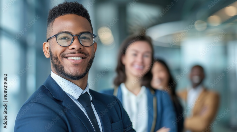 Smiling businessman in a suit standing confidently in a modern office with a diverse team, representing leadership and collaboration. Smiling businessman in a suit standing confidently in a modern office with a diverse team, representing leadership and collaboration.