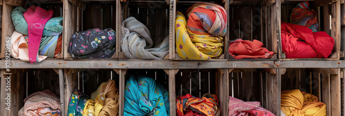 Rustic Wooden Crates Filled with Colorful Fabrics