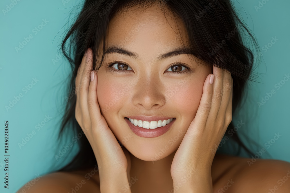 Closeup portrait of a young Korean woman touching her face and looking at the camera. Healthy face skin care beauty, skincare cosmetics, cosmetology concept. Closeup portrait of a young Korean woman touching her face and looking at the camera. Healthy face skin care beauty, skincare cosmetics, cosmetology concept.