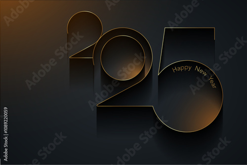 2025 New Year gold logo design. Holiday greeting card. Vector illustration. Holiday design for greeting card, invitation, calendar, party, golden holiday label isolated on black background