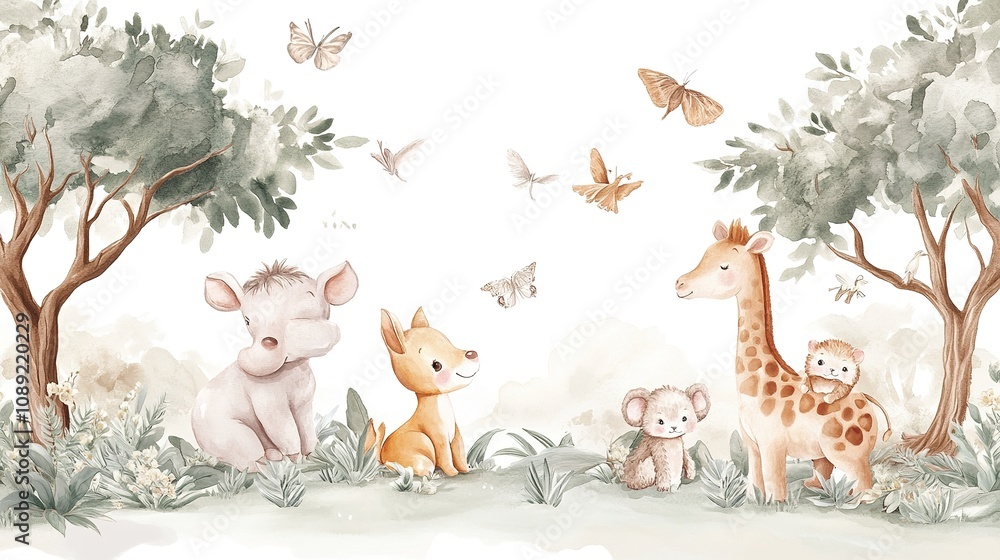 Fototapeta premium Whimsical animal gathering in soft pastel garden illustrative art child-friendly environment nature's charm