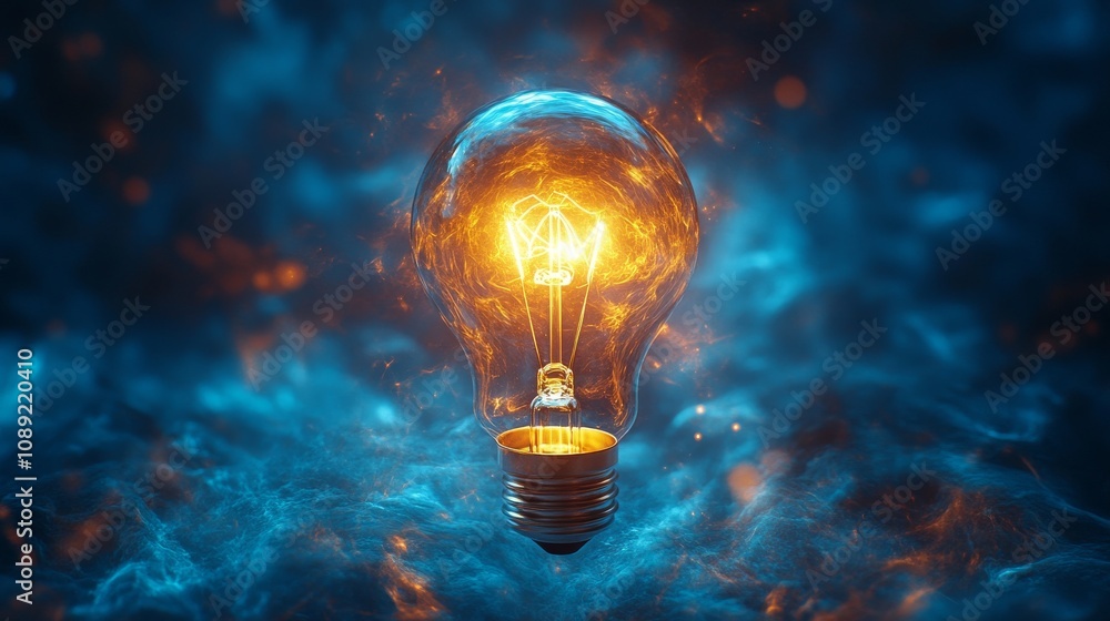 Bright Light Bulb Glowing Against an Abstract Sky Bright Light Bulb Glowing Against an Abstract Sky