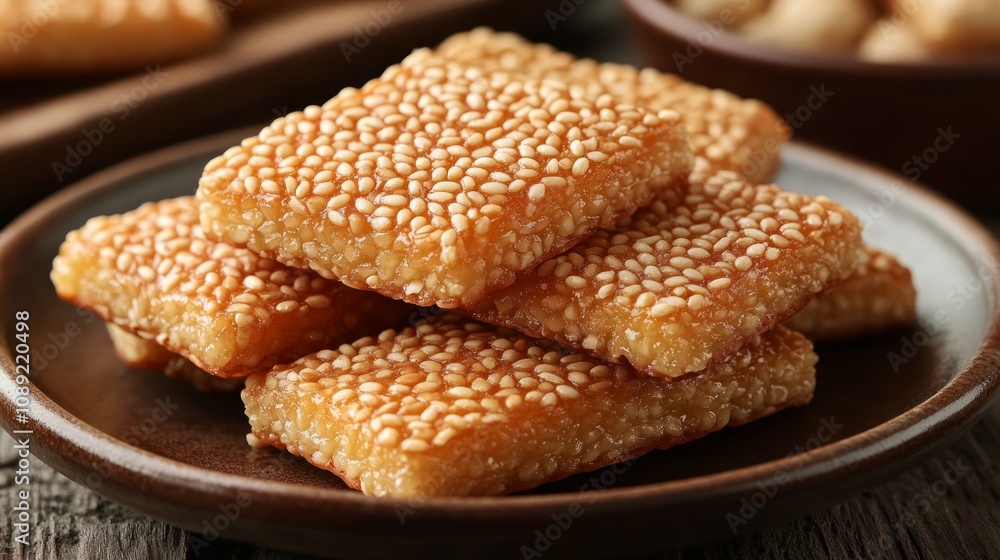 Close-up of sesame seed cookies stacked on a brown plate. Close-up of sesame seed cookies stacked on a brown plate.