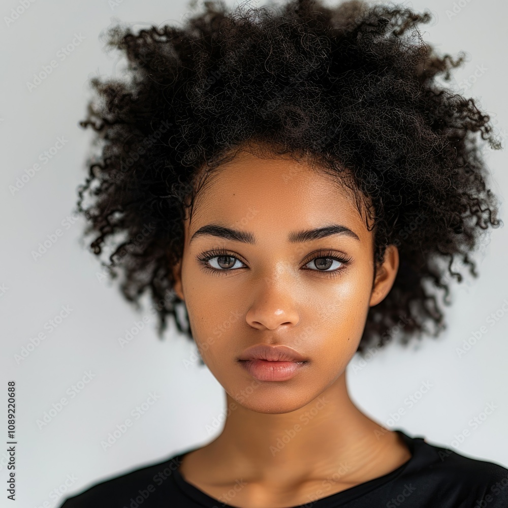 Serious young African American female with cool afro hair portrait Serious young African American female with cool afro hair portrait