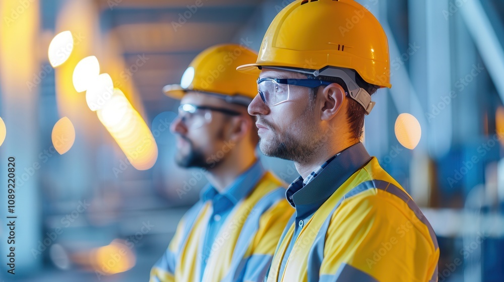 Construction engineers in helmets and vests focused on inspecting an industrial site. Bright lights create a professional environment. Construction engineers in helmets and vests focused on inspecting an industrial site. Bright lights create a professional environment.