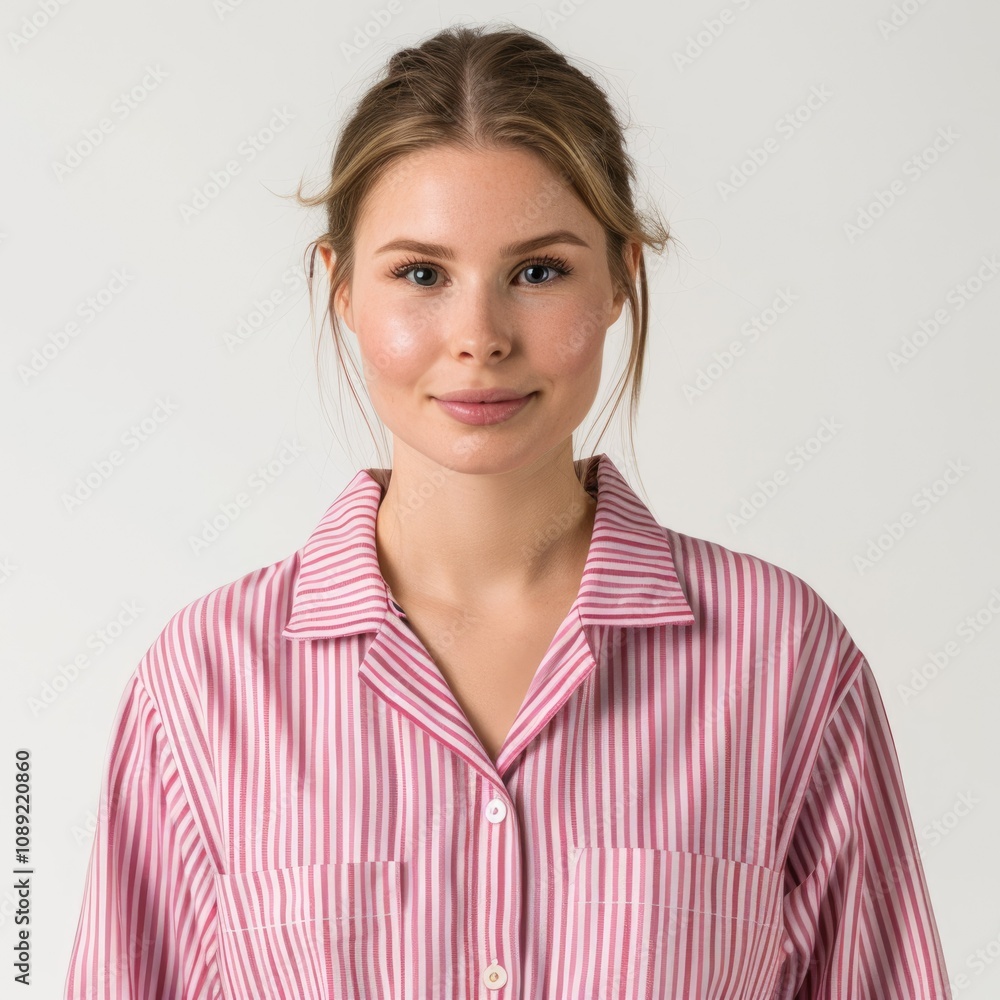 portrait of a young slender caucasian leader woman dressed in a pink striped oversized shirt portrait of a young slender caucasian leader woman dressed in a pink striped oversized shirt