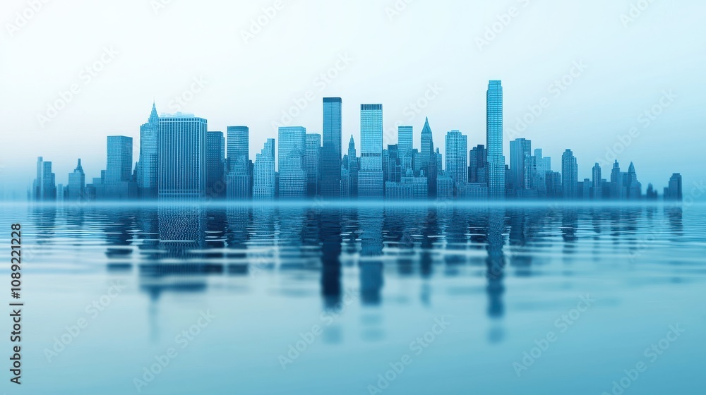 A serene skyline at dawn, featuring modern skyscrapers reflected in calm water, creating a tranquil, blue-hued urban landscape. A serene skyline at dawn, featuring modern skyscrapers reflected in calm water, creating a tranquil, blue-hued urban landscape.