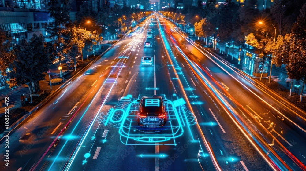 A futuristic autonomous car drives down a city street at night with digital overlays indicating its self-driving technology. A futuristic autonomous car drives down a city street at night with digital overlays indicating its self-driving technology.