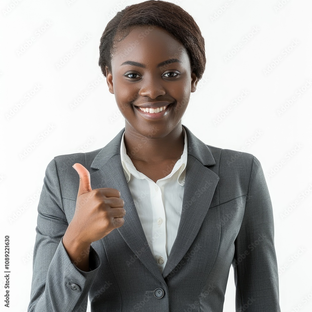 Confident African American woman in grey blazer with thumbs up. Confident African American woman in grey blazer with thumbs up.