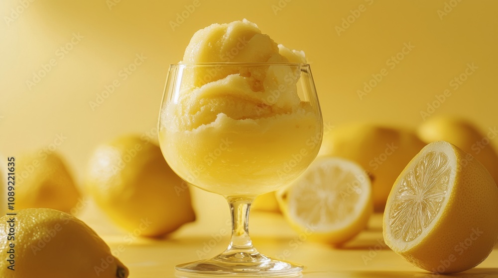A refreshing glass of lemon sorbet surrounded by whole and halved lemons on a bright yellow background. A refreshing glass of lemon sorbet surrounded by whole and halved lemons on a bright yellow background.