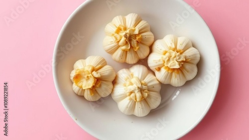 Three mounds of crushed and roasted garlic adorn a simple ceramic plate on a contrasting pink background, appetizer platter, food styling, kitchen decor