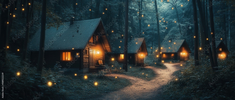 Obraz premium Cozy cabins in a forest illuminated by warm lights and fireflies at dusk