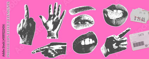 Retro photocopy effect elements with price sticker, grainy hands gesture, sexual female lips and eye Y2K design on pink