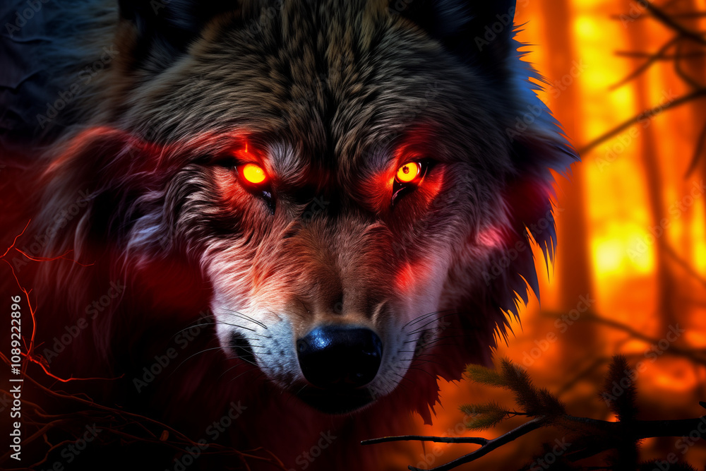 Intense wolf face with glowing red eyes surrounded by darkness and autumn leaves Intense wolf face with glowing red eyes surrounded by darkness and autumn leaves