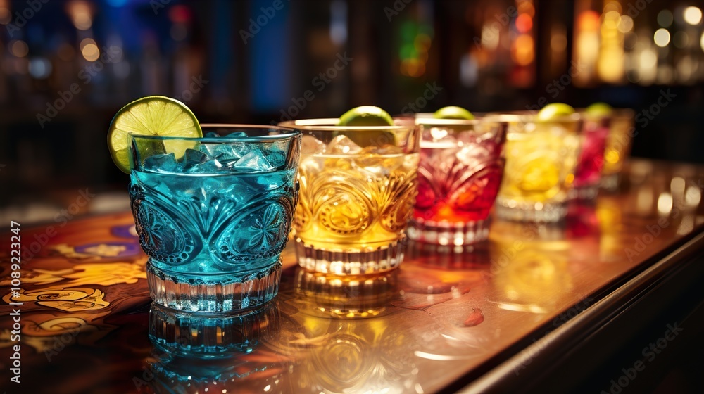 set of fresh and colorful exotic alcohol cocktail on counter in nightclub, collection of cold and fancy tropical drinks on table in bar set of fresh and colorful exotic alcohol cocktail on counter in nightclub, collection of cold and fancy tropical drinks on table in bar
