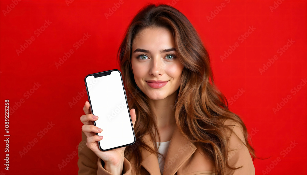 Happy Woman Presenting Smartphone with Blank Screen – Bold Red Background for Eye-Catching Mockup Designs Happy Woman Presenting Smartphone with Blank Screen – Bold Red Background for Eye-Catching Mockup Designs