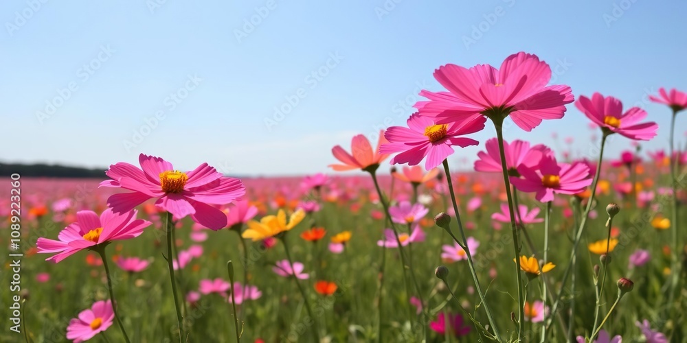 Vibrant cosmos flowers in a vast, sun-kissed field, with delicate petals and slender stems, stretching towards the sky, springtime, landscape Vibrant cosmos flowers in a vast, sun-kissed field, with delicate petals and slender stems, stretching towards the sky, springtime, landscape