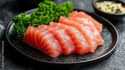 Close-up of thinly sliced raw salmon sashimi on a black plate with parsley garnish.