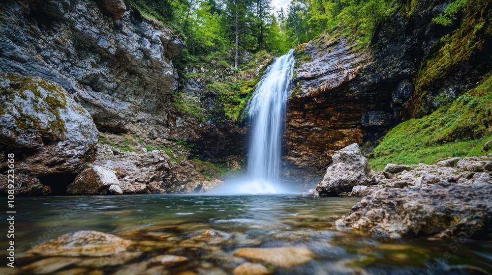 Serene Waterfall Cascading Over Rocks Surrounded by Lush Greenery and Majestic Forest in a Tranquil Nature Setting Ideal for Relaxation and Reflection Serene Waterfall Cascading Over Rocks Surrounded by Lush Greenery and Majestic Forest in a Tranquil Nature Setting Ideal for Relaxation and Reflection