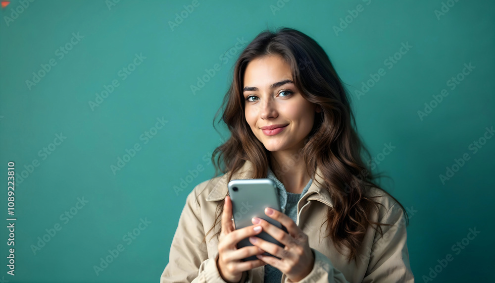 Fototapeta premium Smiling Woman Using Smartphone Against Teal Background – Modern Lifestyle and Technology Concept