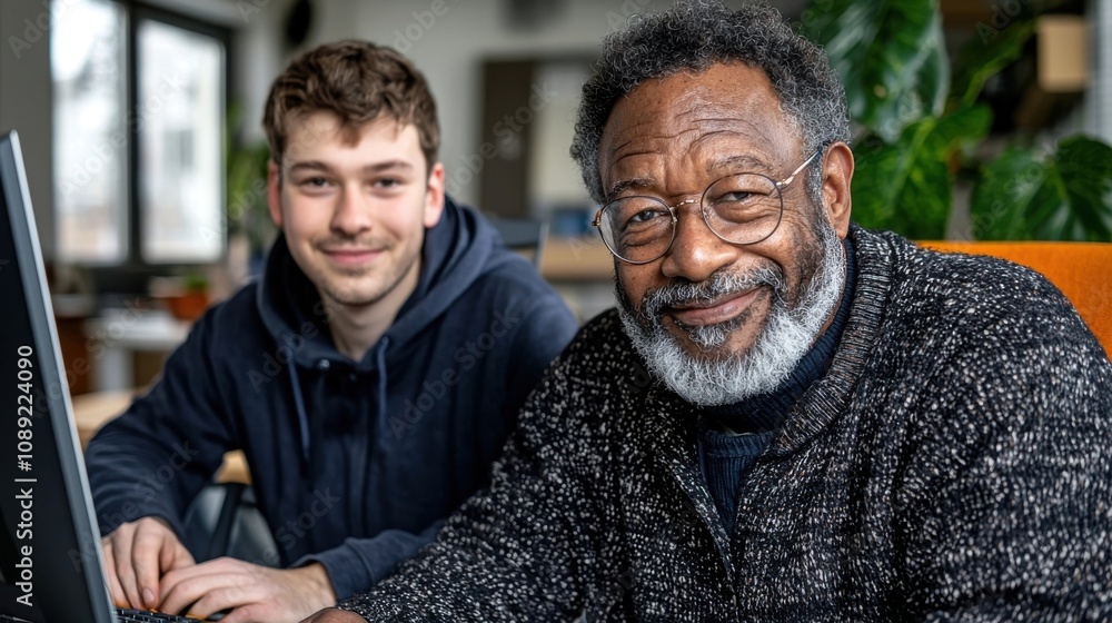 Confident and Friendly Elderly Black Man Smiling While Sitting in Office Environment Near Window with Plants Confident and Friendly Elderly Black Man Smiling While Sitting in Office Environment Near Window with Plants