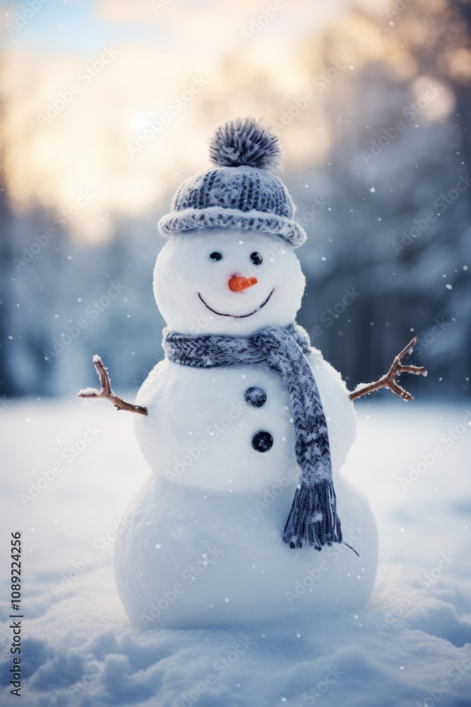 photograph of A happy wool snowman is riding in the snow. During the Christmas season photograph of A happy wool snowman is riding in the snow. During the Christmas season