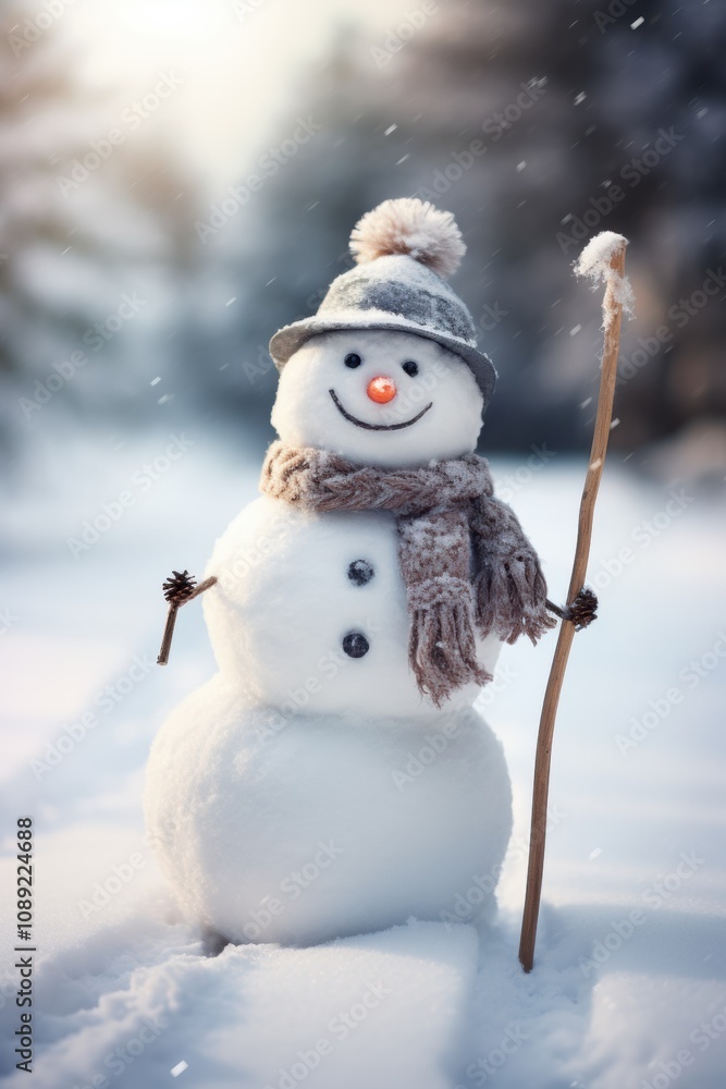 photograph of A happy wool snowman is riding in the snow. During the Christmas season photograph of A happy wool snowman is riding in the snow. During the Christmas season