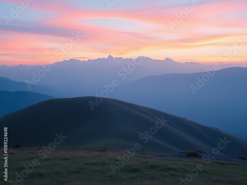 mountains with a pink sky and a few clouds in the distance.