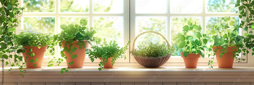 Potted Herbs on a Window Sill, with a Hanging Basket of Ivy Potted Herbs on a Window Sill, with a Hanging Basket of Ivy