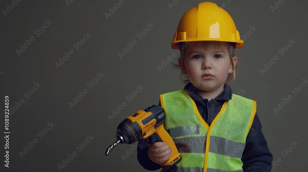 A child in a construction outfit holding a drill, symbolizing future builders. A child in a construction outfit holding a drill, symbolizing future builders.