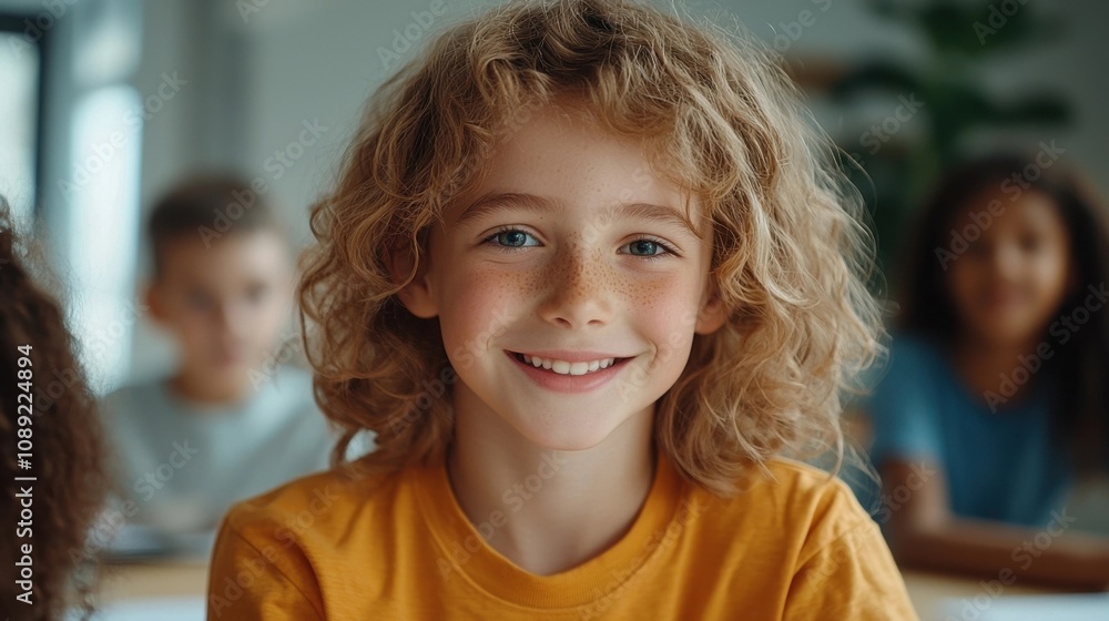 Cheerful Curly Haired Girl Smiling Brightly in Classroom Environment Exuding Youthful Energy and Positive Emotions Cheerful Curly Haired Girl Smiling Brightly in Classroom Environment Exuding Youthful Energy and Positive Emotions