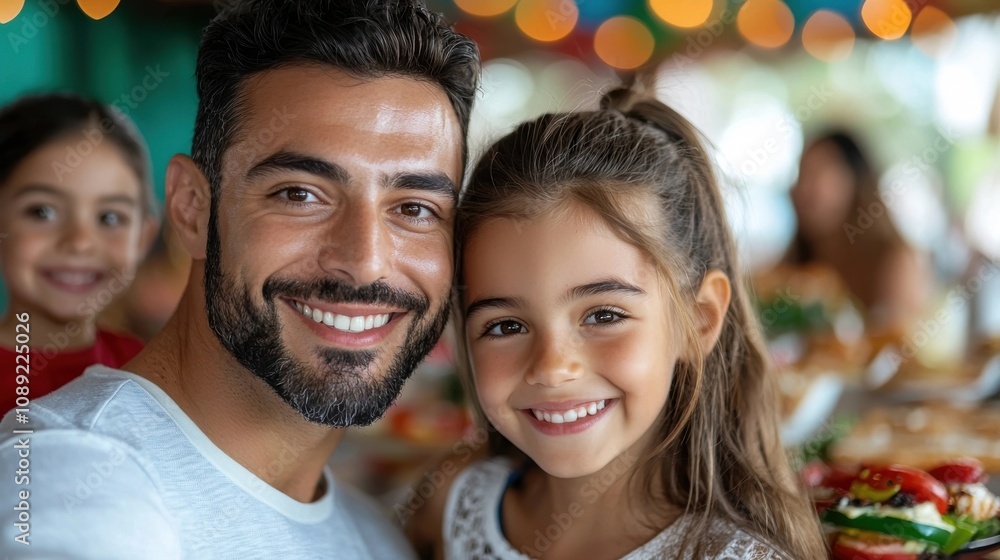 A cheerful family including a smiling father and daughter are seen dining together at a cozy restaurant expressing joy and togetherness during a celebratory moment A cheerful family including a smiling father and daughter are seen dining together at a cozy restaurant expressing joy and togetherness during a celebratory moment