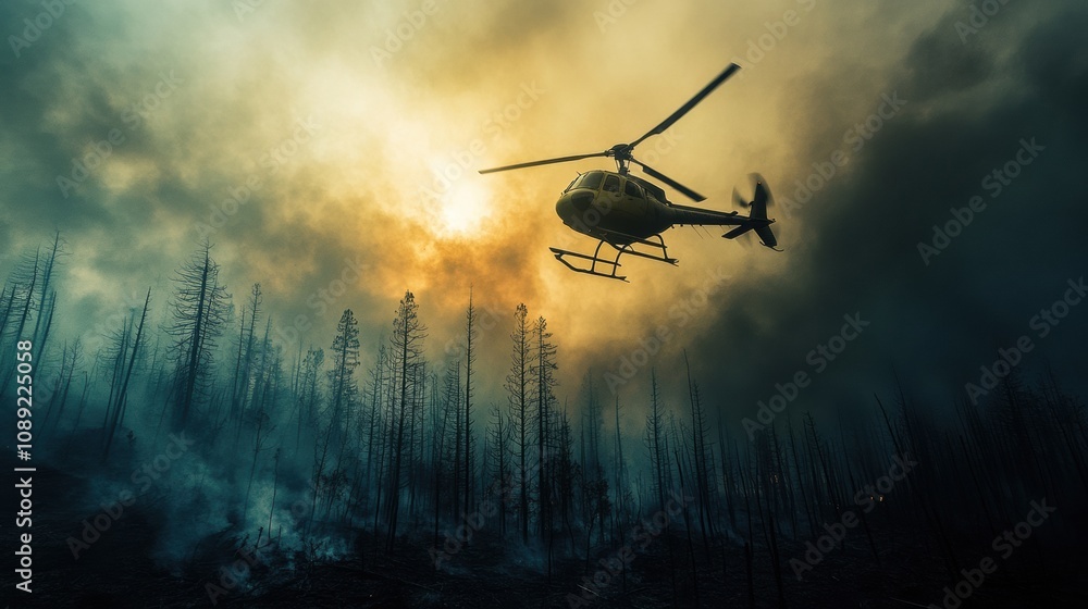 photograph of A helicopter flies over a burnt forest during a firefighting mission. photograph of A helicopter flies over a burnt forest during a firefighting mission.