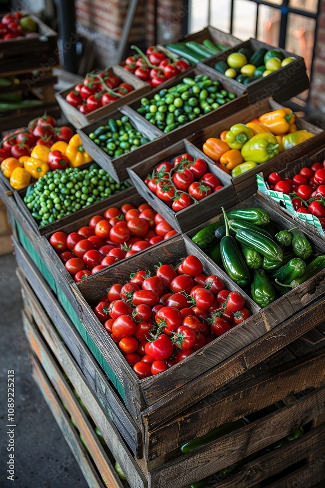Multiple wooden crates with fresh tomatoes, zucchini, and peppers displayed at a farmers market. Organic farming and local produce concept. Multiple wooden crates with fresh tomatoes, zucchini, and peppers displayed at a farmers market. Organic farming and local produce concept.