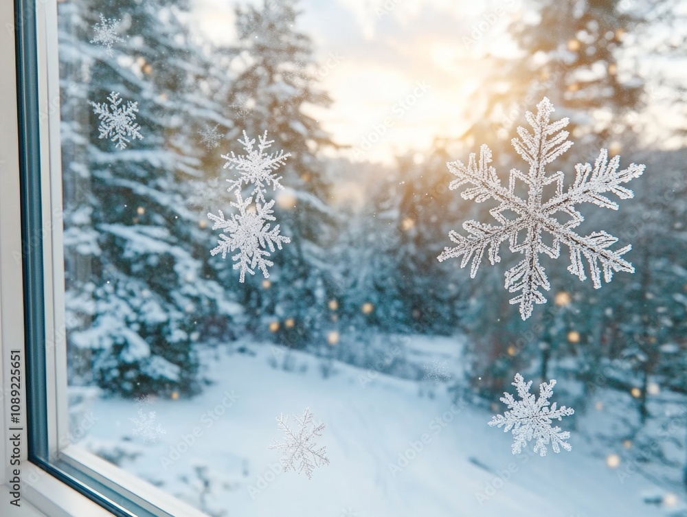 Fototapeta premium Detailed snowflake pattern against a frosted window soft golden light coming through