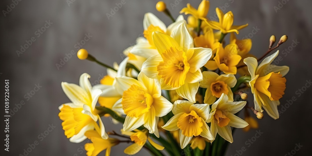 Fototapeta premium Spring bouquet with narcissus and forsythia, floral arrangement, blooming flowers, spring bouquet