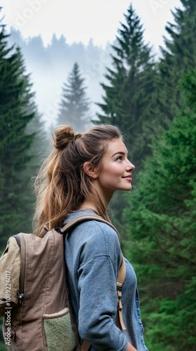 Adventurous hiker with backpack gazes at misty forest landscape, surrounded by towering evergreens. Serene moment captures wanderlust and connection with nature.