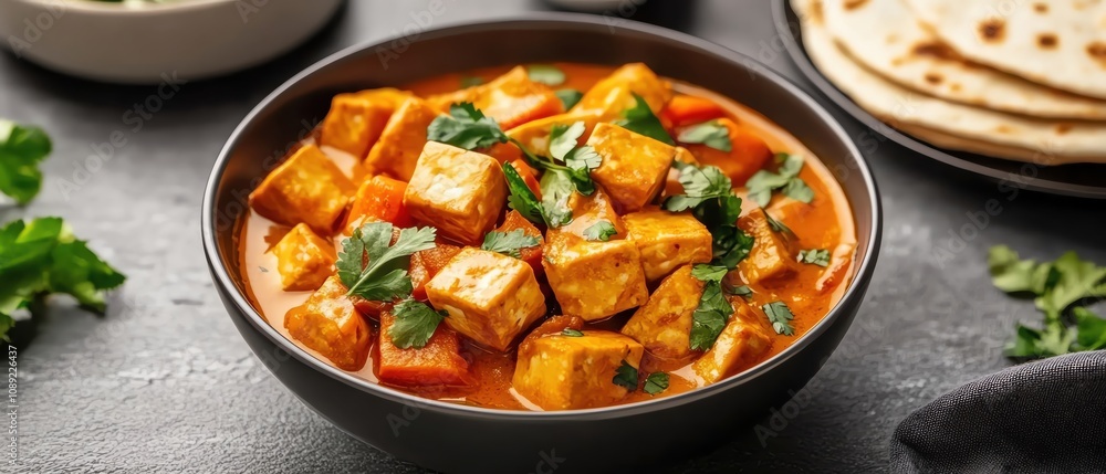 A vibrant bowl of flavorful curry with tofu and fresh herbs, served with flatbread. A vibrant bowl of flavorful curry with tofu and fresh herbs, served with flatbread.