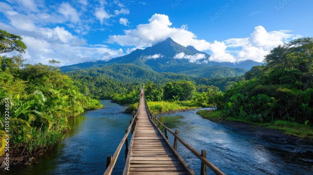 Fototapeta premium Scenic view of a wooden suspension footbridge crossing over a serene tropical river winding its way through a lush verdant jungle landscape with towering mountains in the distance