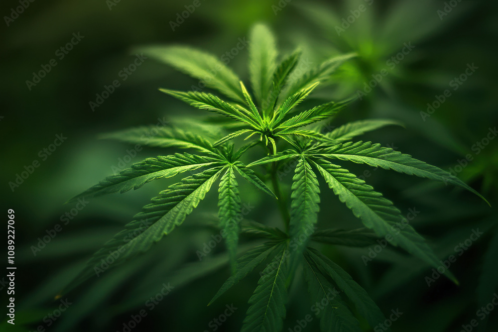 Close-up of vibrant green cannabis leaves illuminated by soft natural light, creating a serene and lush atmosphere in a blurred garden setting. Close-up of vibrant green cannabis leaves illuminated by soft natural light, creating a serene and lush atmosphere in a blurred garden setting.