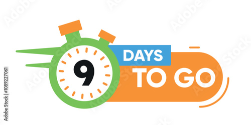 Green stopwatch icon with "9 days to go" text. Countdown timer design for events