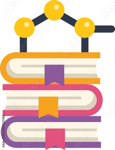 Molecular structure is connecting a stack of books symbolizing the acquisition of knowledge