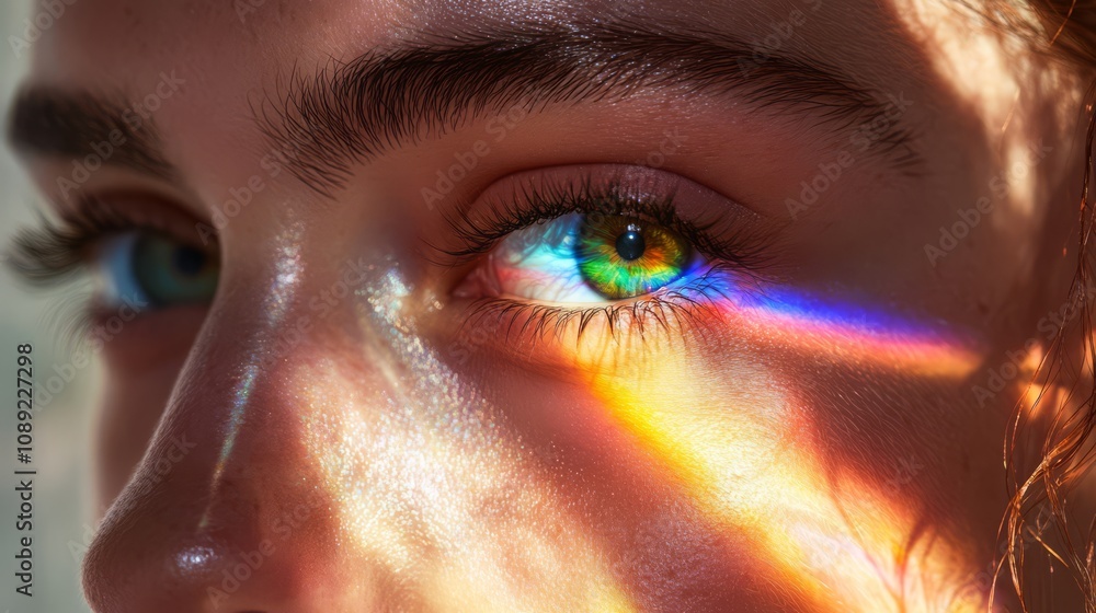 Woman's eye with rainbow light reflection.