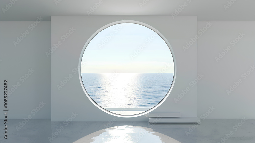 White background with a circular window, a sea view, a simple style, 3D rendering White background with a circular window, a sea view, a simple style, 3D rendering