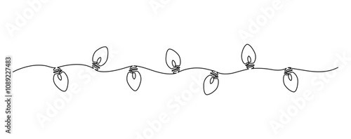 Hand drawn continuous one line icon Christmas garland with light bulbs. Glowing festoon border light single line vector illustration in doodle style for celebration, festival, carnival, xmas, new year