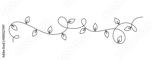 Hand drawn continuous one line icon Christmas garland with light bulbs. Glowing festoon border light single line vector illustration in doodle style for celebration, festival, carnival, xmas, new year